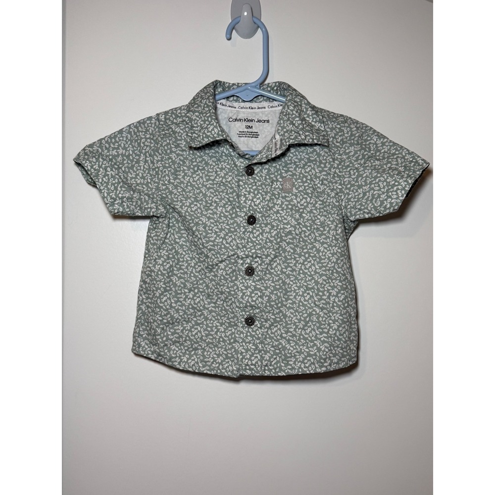 Calvin Klein Jeans Boys 12M Green Leaf Print Short Sleeve Button Down Shirt